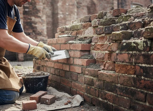 Notre maçon qui répare un mur de briques