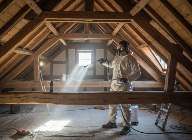 Photo de notre artisan réalisant un traitement du bois